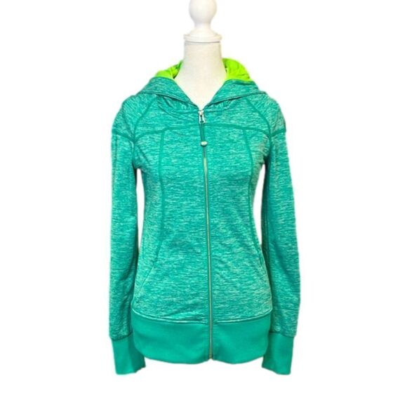 Dick’s LJ Black - low waist zip up workout jacket with hood teal and lime - S - Picture 1 of 12